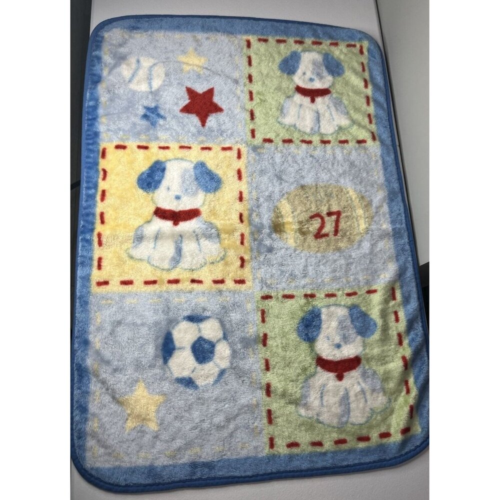 Blue Baby Blanket Acrylic Puppy Dog Sports Soccer Football Stars 43x30‎
